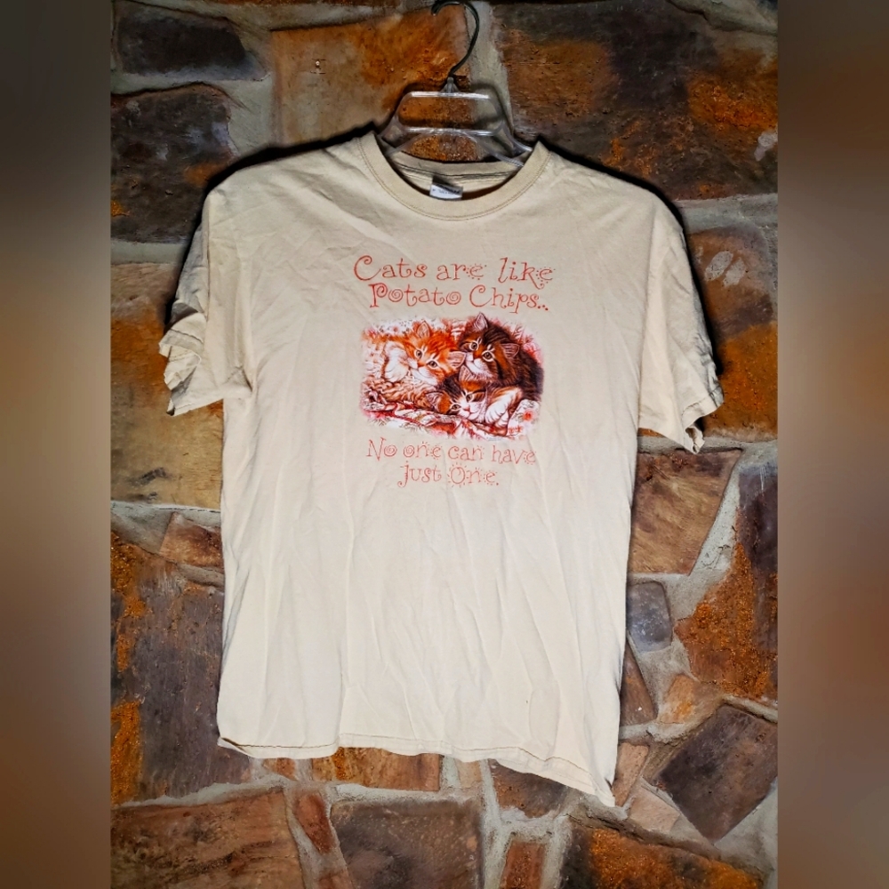 Gildan tan Vanessa "cats are like potato chips no one can have just one" t shirt